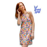 Orange 1960's style halter dress with a multi-color floral print. Print by Dave Hill.
