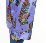 Purple psychedelic feather printed robe. Print by Dave Hill.