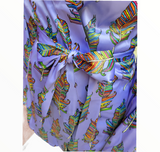 Purple psychedelic feather printed robe. Print by Dave Hill.
