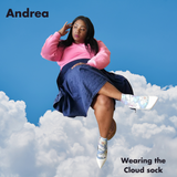 Andrea wearing a blue floral cloud sock