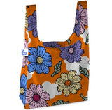 Mini reusable tote bag. Orange bag with multi-color floral print. Print by Dave Hill.